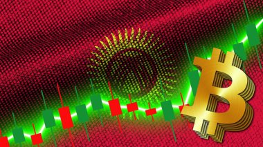 Kırgızistan Kumaş Dokusu Dalgalanması Bayrağı, Borsa Finans Grafiği, Metalik Bitcoin Simgesi, 3D İllüstrasyon