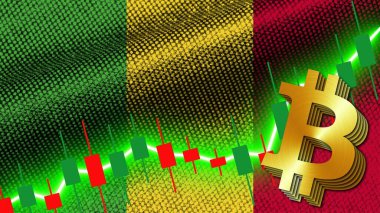 Mali Kumaş Doku Dalgalanması Bayrağı, Borsa Finans Grafiği, Metalik Bitcoin Simgesi, 3D İllüstrasyon