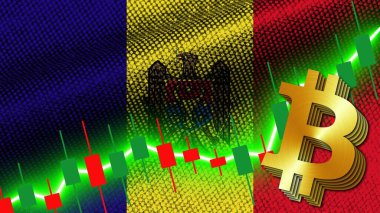 Moldova Kumaş Dokusu Dalgalanması Bayrağı, Borsa Finans Grafiği, Metalik Bitcoin Simgesi, 3D Görüntü