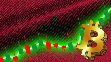 Fas Kumaşı Doku Dalgalanması Bayrağı, Borsa Finans Grafiği, Metalik Bitcoin Simgesi, 3D İllüstrasyon