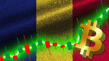 Romanya Kumaş Doku Dalgalı Bayrağı, Borsa Finans Grafiği, Metalik Bitcoin Simgesi, 3D Görüntü