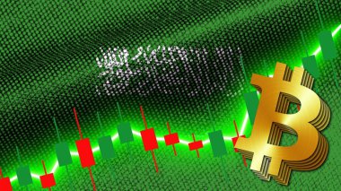 Suudi Arabistan Kumaş Dokusu Dalgalı Bayrak, Borsa Finans Grafiği, Metalik Bitcoin Simgesi, 3D İllüstrasyon