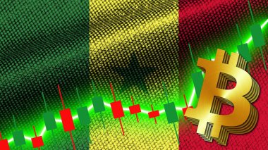 Senegal Kumaş Dokusu Dalgalanması Bayrağı, Borsa Finans Grafiği, Metalik Bitcoin Simgesi, 3D İllüstrasyon