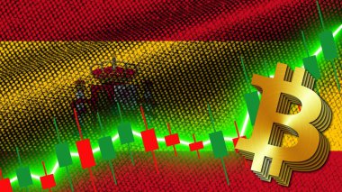 İspanya Kumaş Kumaşı Dalgalı Bayrak, Borsa Finans Grafiği, Metalik Bitcoin Simgesi, 3D Görüntü