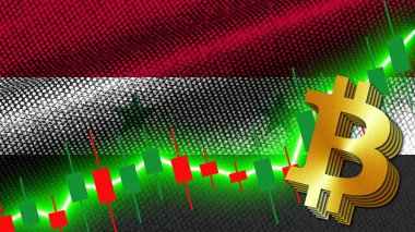 Suriye Kumaşı Doku Dalgalanması Bayrağı, Borsa Finans Grafiği, Metalik Bitcoin Simgesi, 3D İllüstrasyon