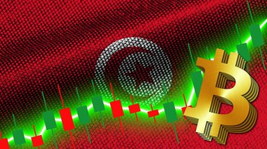 Tunus Kumaş Doku Dalgalanması Bayrağı, Borsa Finans Grafiği, Metalik Bitcoin Simgesi, 3D İllüstrasyon