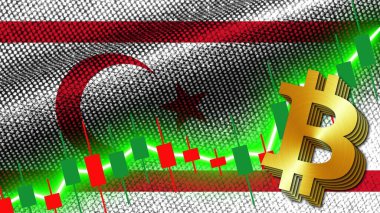 Kıbrıs Kumaşı Doku Dalgalı Bayrağı, Borsa Finans Grafiği, Metalik Bitcoin Simgesi, 3D İllüstrasyon