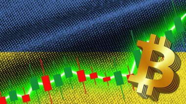 Ukrayna Kumaş Doku Dalgalanması Bayrağı, Borsa Finans Grafiği, Metalik Bitcoin Simgesi, 3D İllüstrasyon