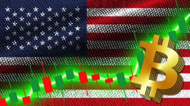 Amerika Birleşik Devletleri Kumaş Dokusu Dalgalanma Bayrağı, Borsa Finans Grafiği, Metalik Bitcoin Simgesi, 3D İllüstrasyon