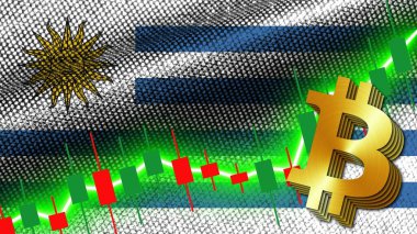 Uruguay Kumaş Dokusu Dalgalanması Bayrağı, Borsa Finans Grafiği, Metalik Bitcoin Simgesi, 3D İllüstrasyon