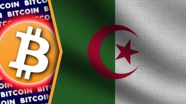 Cezayir Gerçekçi Dalgalı Bayrağı, Bitcoin Logosu ve Başlıkları, Çember Neon Etkisi Kumaş Dokusu 3D Görüntü