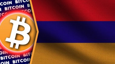 Ermenistan Gerçekçi Dalgalı Bayrağı, Bitcoin Logosu ve Başlıkları, Çember Neon Etkisi Kumaş Dokusu 3D İllüstrasyon