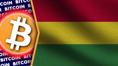 Bolivya Gerçekçi Dalgalı Bayrağı, Bitcoin Logosu ve Başlıkları, Çember Neon Etkisi Kumaş Dokusunu 3B Resmetme