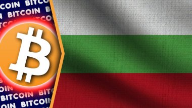 Bulgaristan Gerçekçi Dalgalı Bayrak, Bitcoin Logosu ve Başlıkları, Çember Neon Etkisi Kumaş Dokusu 3B Görüntü