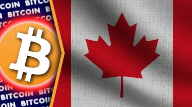 Kanada Gerçekçi Dalgalı Bayrağı, Bitcoin Logosu ve Başlıkları, Çember Neon Etkisi Kumaş Dokusu 3D Görüntü