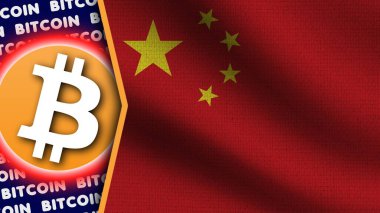 Çin Gerçekçi Dalgalı Bayrağı, Bitcoin Logosu ve Başlıkları, Çember Neon Etkisi Kumaş Dokusu 3D Görüntü