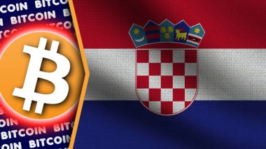 Hırvatistan Gerçekçi Dalgalı Bayrak, Bitcoin Logosu ve Başlıkları, Çember Neon Etkisi Kumaş Dokusu 3D Görüntü