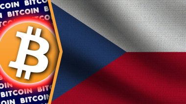 Çek Cumhuriyeti Gerçekçi Dalgalı Bayrağı, Bitcoin Logosu ve Başlıkları, Çember Neon Etkisi Kumaş Dokusu 3D İllüstrasyon
