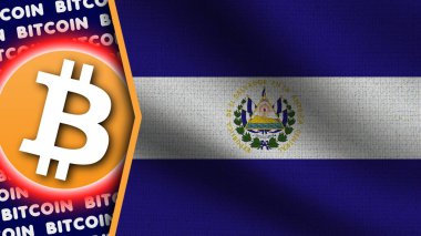 El Salvador Gerçekçi Dalgalı Bayrak, Bitcoin Logosu ve Başlıkları, Çember Neon Etkisi Kumaş Dokuması 3D İllüstrasyon