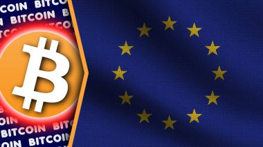 Avrupa Birliği Gerçekçi Dalgalı Bayrak, Bitcoin Logosu ve Başlıkları, Çember Neon Etkisi Kumaş Dokusunu 3D Resmetme