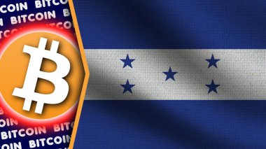 Honduras Gerçekçi Dalgalı Bayrağı, Bitcoin Logosu ve Başlıkları, Çember Neon Etkisi Kumaş Dokusunu 3D Resmetme
