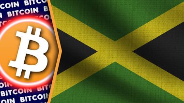 Jamaika Gerçekçi Dalgalı Bayrağı, Bitcoin Logosu ve Başlıkları, Çember Neon Etkisi Kumaş Dokusu 3D Görüntü