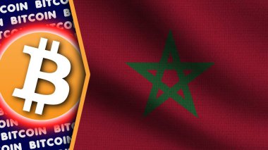 Fas Gerçekçi Dalgalı Bayrak, Bitcoin Logosu ve Başlıkları, Çember Neon Etkisi Kumaş Dokusunu 3D Resmetme