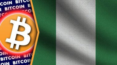 Nijerya Gerçekçi Dalgalı Bayrağı, Bitcoin Logosu ve Başlıkları, Çember Neon Etkisi Kumaş Dokusunu 3D Resmetme