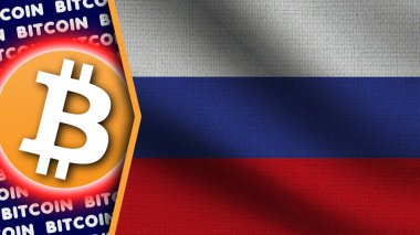 Rusya Gerçekçi Dalgalı Bayrak, Bitcoin Logosu ve Başlıkları, Çember Neon Etkisi Kumaş Dokusu 3D Görüntü