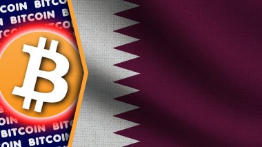 Katar Gerçekçi Dalgalı Bayrağı, Bitcoin Logosu ve Başlıkları, Çember Neon Etkisi Kumaş Dokusunu 3D Resmetme