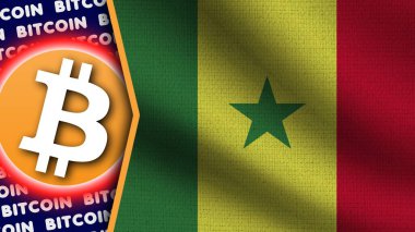 Senegal Gerçekçi Dalgalı Bayrak, Bitcoin Logosu ve Başlıkları, Çember Neon Etkisi Kumaş Dokusunu 3D Resmetme