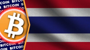 Tayland Gerçekçi Dalgalı Bayrağı, Bitcoin Logosu ve Başlıkları, Çember Neon Etkisi Kumaş Dokusu 3D Görüntü