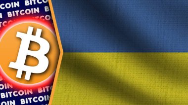 Ukrayna Gerçekçi Dalgalı Bayrak, Bitcoin Logosu ve Başlıkları, Çember Neon Etkisi Kumaş Dokusunu 3D Resmetme