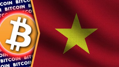 Vietnam Gerçekçi Dalgalı Bayrağı, Bitcoin Logosu ve Başlıkları, Çember Neon Etkisi Kumaş Dokusu 3D Görüntü