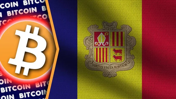 Andorra Realistische Wellige Flagge Bitcoin Logo Und Titel Kreis Neon — Stockfoto