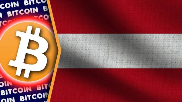 Αυστρία Ρεαλιστική Κυματιστή Σημαία Bitcoin Λογότυπο Και Τίτλους Circle Neon — Φωτογραφία Αρχείου