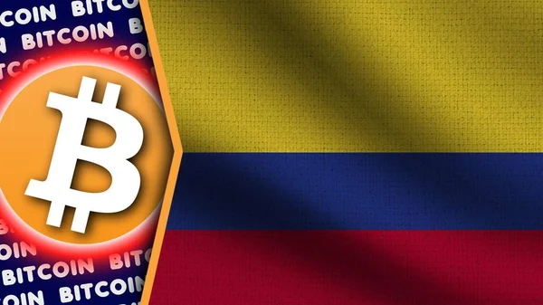 Bandeira Ondulada Realista Colômbia Logotipo Títulos Bitcoin Ilustração Textura Tecido — Fotografia de Stock