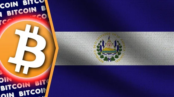 El Salvador Gerçekçi Dalgalı Bayrak, Bitcoin Logosu ve Başlıkları, Çember Neon Etkisi Kumaş Dokuması 3D İllüstrasyon