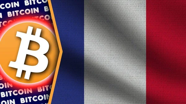 Bandeira Ondulada Realista França Logotipo Títulos Bitcoin Ilustração Textura Tecido — Fotografia de Stock