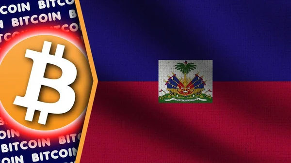 Bandeira Ondulada Realista Haiti Logotipo Títulos Bitcoin Ilustração Textura Tela — Fotografia de Stock