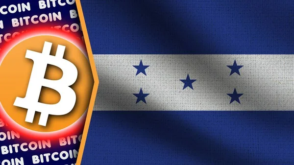 Honduras Gerçekçi Dalgalı Bayrağı, Bitcoin Logosu ve Başlıkları, Çember Neon Etkisi Kumaş Dokusunu 3D Resmetme