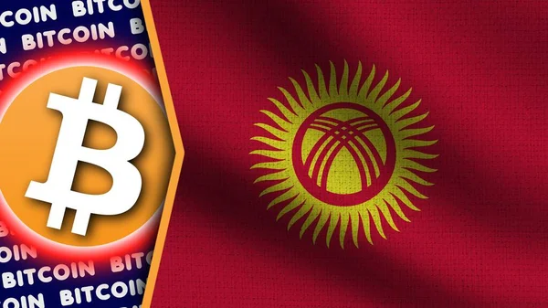 Bandeira Ondulada Realista Quirguistão Logotipo Títulos Bitcoin Ilustração Textura Tecido — Fotografia de Stock