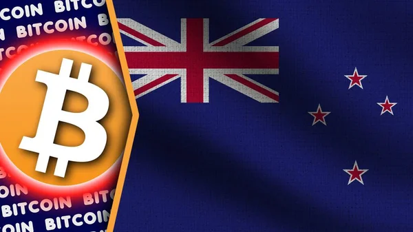 Bandeira Ondulada Realista Nova Zelândia Logotipo Títulos Bitcoin Ilustração Textura — Fotografia de Stock