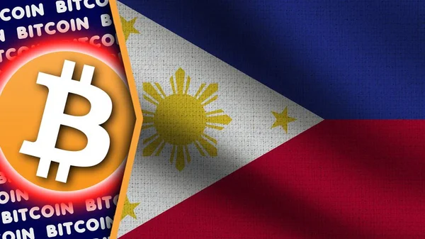 Philippines Realistic Wavy Flag Bitcoin Logo Titles Circle Neon Effect — Stok Foto