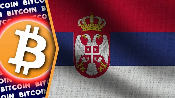 Sérvia Bandeira Ondulada Realista Logotipo Títulos Bitcoin Efeito Néon Círculo — Fotografia de Stock
