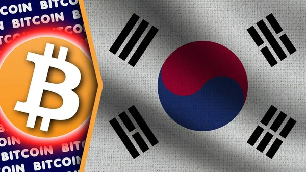 Bandeira Ondulada Realista Coreia Sul Logotipo Títulos Bitcoin Ilustração Textura — Fotografia de Stock