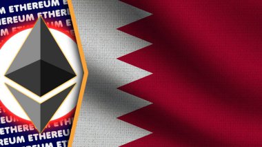 Bahreyn Gerçekçi Dalgalı Bayrak, Ethereum Logosu ve Başlıkları, Çember Neon Etkisi Kumaş Dokusu 3D Görüntü