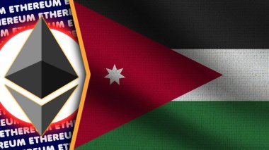 Ürdün Gerçekçi Dalgalı Bayrak, Ethereum Logosu ve Başlıkları, Çember Neon Etkisi Kumaş Dokusunu 3D Resmetme