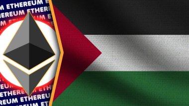 Filistin Gerçekçi Dalgalı Bayrağı, Ethereum Logosu ve Başlıkları, Çember Neon Etkisi Kumaş Dokusu 3D İllüstrasyon