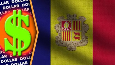 Andorra Gerçekçi Dalgalı Bayrak, Dolar Logosu ve Başlıkları, Çember Neon Etkisi Kumaş Dokusu 3D Görüntü
